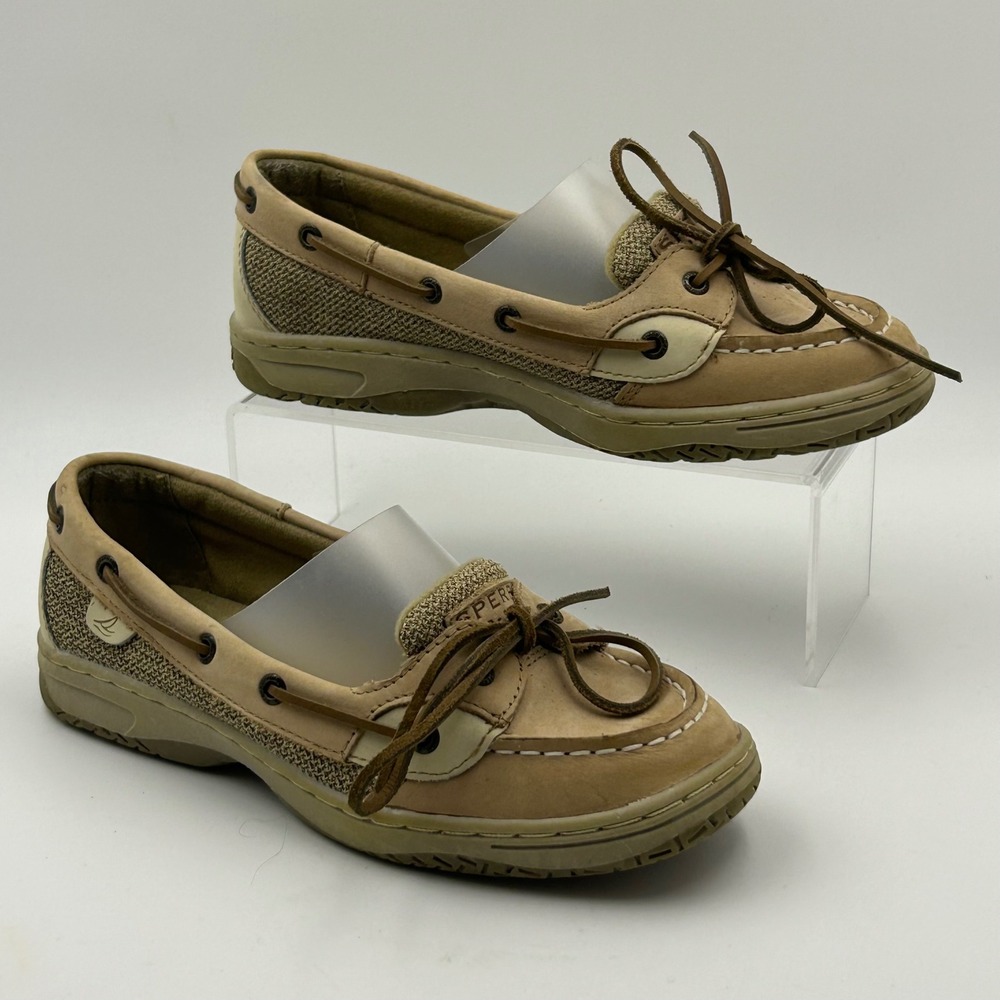 Sperry Angelfish Boat Shoes Womens 5.5 Tan Leather Mesh Nautical Preppy Loafers